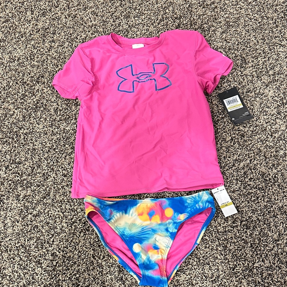 Under Armour Bright Pink Girls' Rash Guard with Tropical Print Bikini Bottom